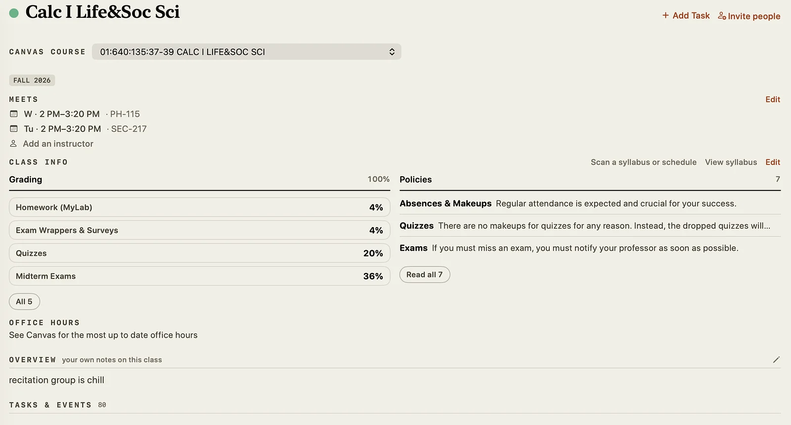 A class page in Atlas showing the linked Canvas course, meeting times and rooms, grading percentages, and policies pulled from a scanned syllabus.