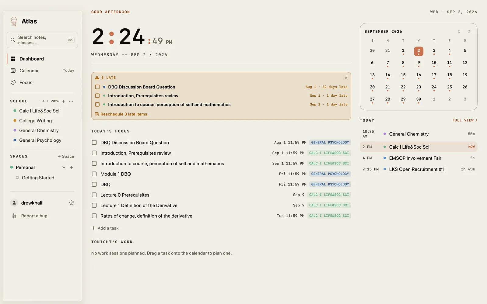 The Atlas dashboard on a Mac: a large clock, a banner listing three late assignments, today's focus list, and this month's calendar.