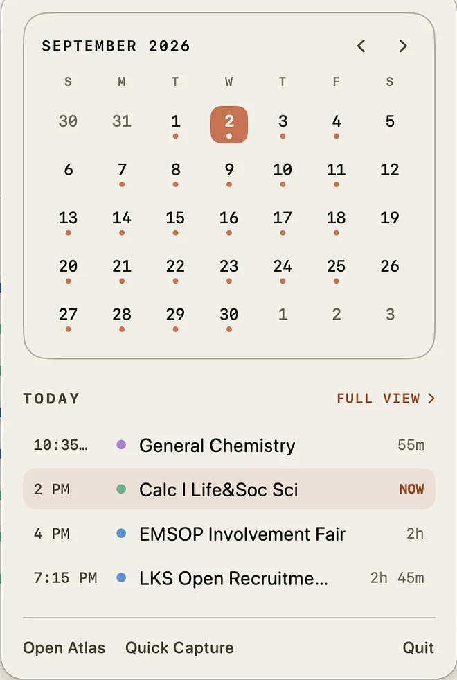 The Atlas menu-bar popover: this month's calendar above today's four events, with Quick Capture underneath.