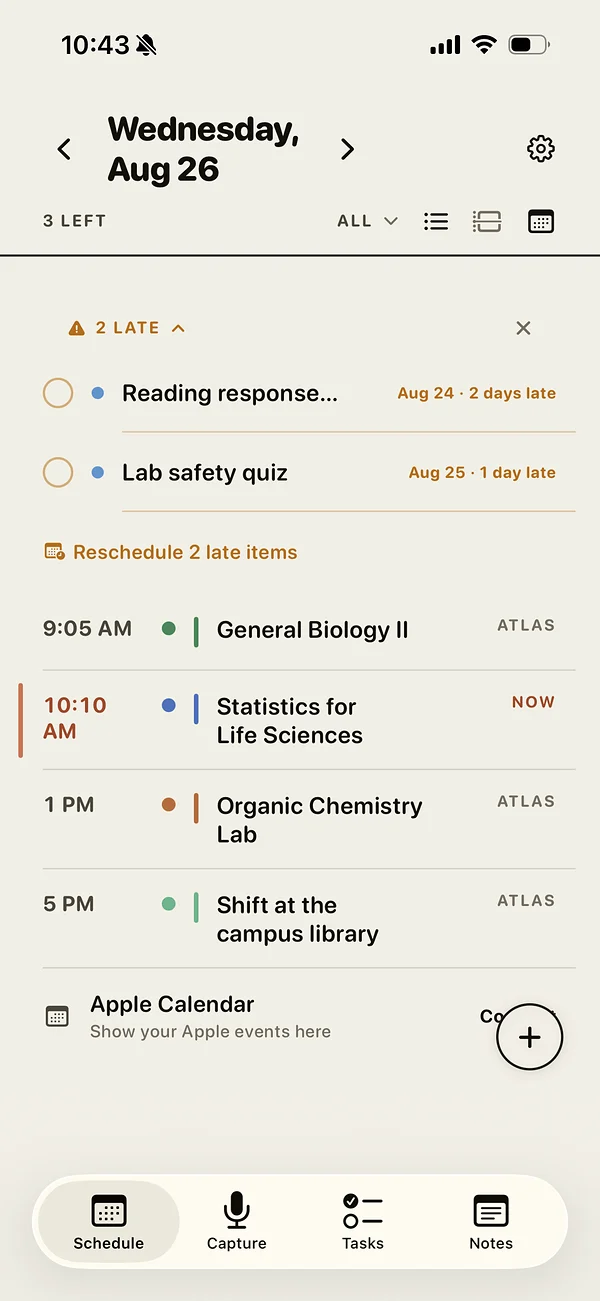 Atlas on iPhone showing today's classes and two late items.